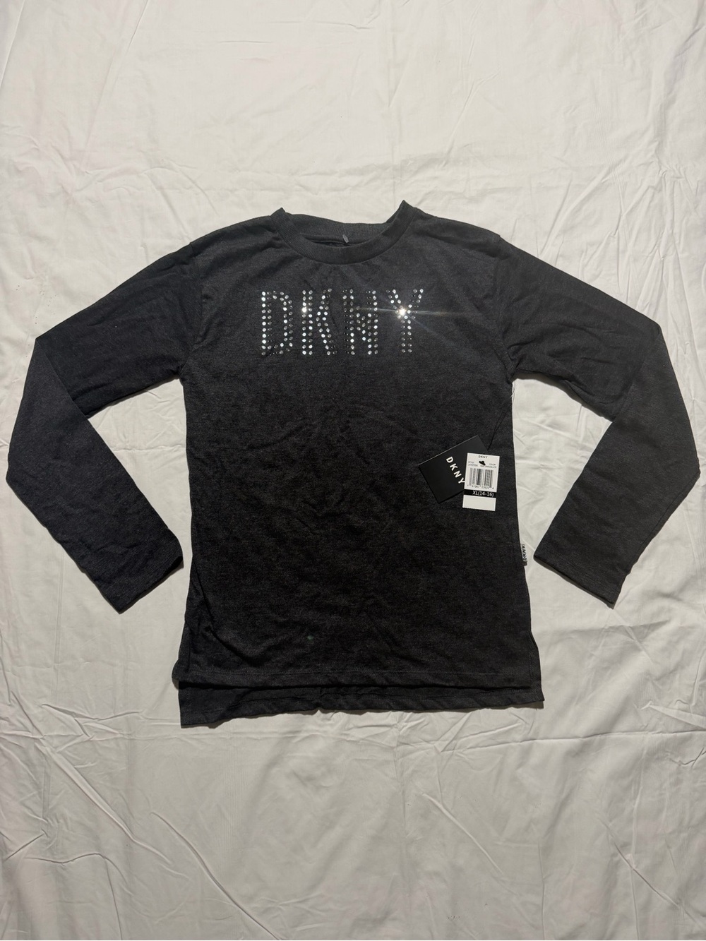 DKNY Girls XL (14-16) Charcoal Gray Long Sleeve Crew Neck Rhinestone Tee NWT